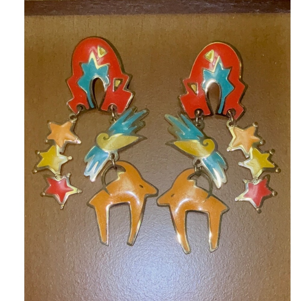 Vintage Edgar Berebi Enamel Dangle Earrings Southwestern Bird Star Deer Folk Art